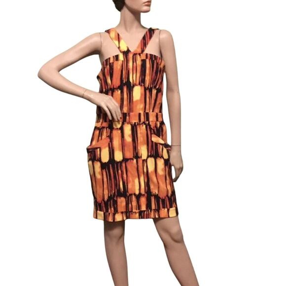 MICHAEL Michael Kors Orange/yellow/Black Criss Cross Neck Sheath Sun DRESS - Picture 1 of 8
